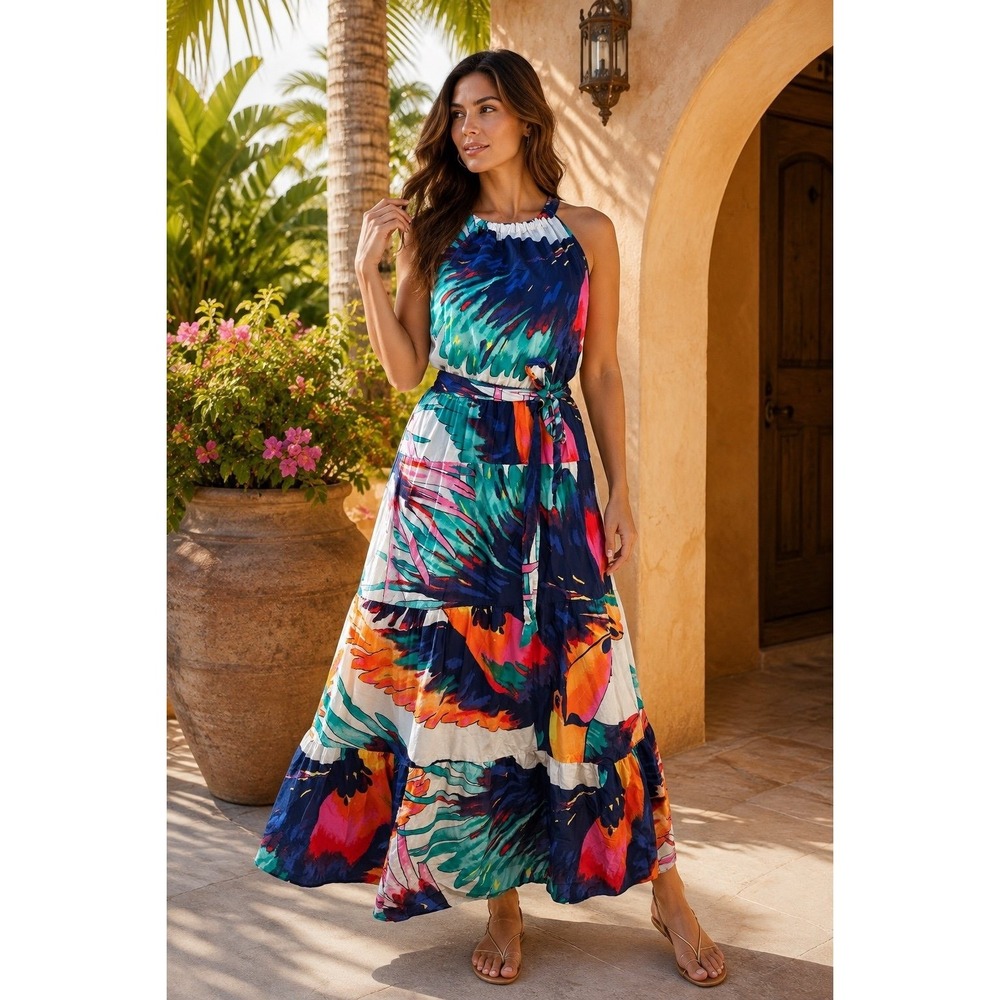 Isabel & Nina Size 16 Tropical Floral Maxi Dress Halter Belted Tiered Cotton